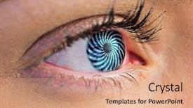  Presentation with eye - Presentation theme consisting of female blue eye against spiral background and a coral colored foreground