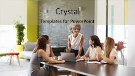  Presentation with economics informal sector - Colorful presentation design enhanced with female boss addressing her colleagues backdrop and a coral colored foreground