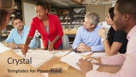  Presentation with meeting table - PPT layouts featuring female boss leading meeting background and a coral colored foreground