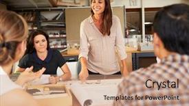  Presentation with meeting table - Beautiful slide deck featuring female boss leading meeting backdrop and a coral colored foreground