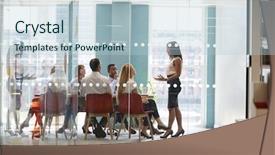  Presentation with meeting - PPT layouts with female boss stands addressing colleagues background and a lemonade colored foreground