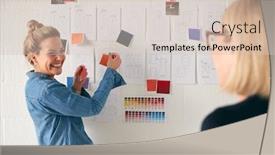  Presentation with designs - Presentation theme with female-business-owner-with-intern background and a soft green colored foreground