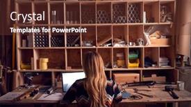  Presentation with late - Colorful presentation design enhanced with female-business-owner-working-late backdrop and a tawny brown colored foreground