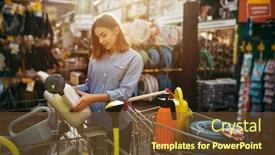  Presentation with tool belt tools - PPT theme with female-buyer-choosing-tools background and a tawny brown colored foreground