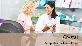  Presentation with chemist - PPT theme consisting of female buyer in pharmacy background and a coral colored foreground