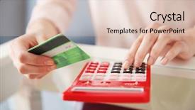  Presentation with credit card - Slides enhanced with female calculate with credit card background and a  colored foreground