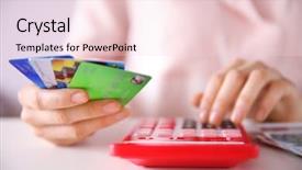 Presentation with cyber credit card crime - PPT layouts with female calculate with credit card background and a  colored foreground