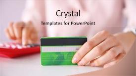  Presentation with credit card fraud - PPT layouts having female calculate with credit card background and a  colored foreground