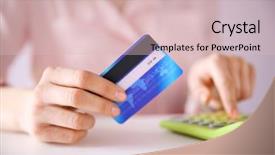  Presentation with credit card - PPT theme featuring female calculate with credit card background and a lemonade colored foreground