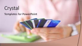  Presentation with female - PPT layouts featuring female calculate with credit cards background and a  colored foreground