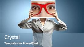  Presentation with photo - Cool new presentation theme with female caricature - unrecognizable businesswoman holding big photo backdrop and a  colored foreground