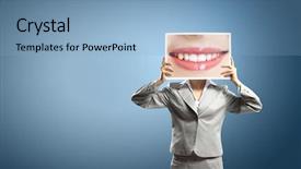  Presentation with lips - Theme consisting of female caricature - unrecognizable businesswoman holding big photo background and a  colored foreground