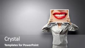  Presentation with lips - Audience pleasing presentation theme consisting of female caricature - unrecognizable businesswoman holding big photo backdrop and a  colored foreground