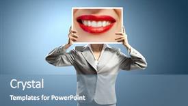  Presentation with lips - PPT layouts featuring female caricature - unrecognizable businesswoman holding big photo background and a  colored foreground