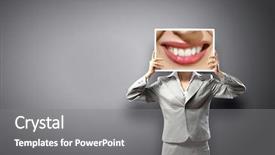  Presentation with duct tape on lips censorship - Slides having female caricature - unrecognizable businesswoman holding big photo background and a  colored foreground