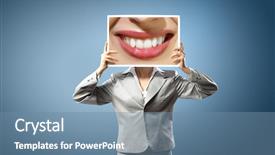  Presentation with duct tape on lips censorship - Audience pleasing PPT theme consisting of female caricature - unrecognizable businesswoman holding big photo backdrop and a  colored foreground