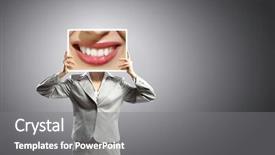  Presentation with duct tape on lips censorship - Colorful slide set enhanced with female caricature - unrecognizable businesswoman holding big photo backdrop and a  colored foreground