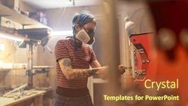  Presentation with carpenter - Cool new presentation theme with female-carpenter-in-her-workshop backdrop and a tawny brown colored foreground