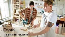  Presentation with female attorney - Colorful PPT layouts enhanced with female carpenter with hammer making backdrop and a coral colored foreground