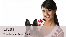  Presentation with worried young female college student - Presentation design featuring female caucasian holding boston terrier background and a  colored foreground