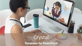  Presentation with distance learning - PPT theme with female-caucasian-teacher-having background and a coral colored foreground