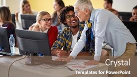  Presentation with professor - Amazing PPT theme having female-cheerful-professor-with-pupils backdrop and a violet colored foreground