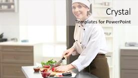  Presentation with cooking chef - Slide deck with female chef cooking in kitchen background and a light gray colored foreground