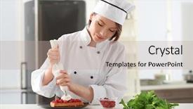  Presentation with restaurant menu - Audience pleasing PPT layouts consisting of female chef decorating dessert backdrop and a mint green colored foreground