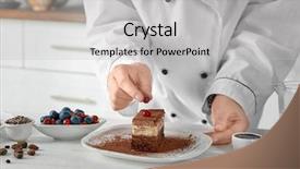  Presentation with chocolate - Cool new PPT theme with female chef decorating tasty chocolate backdrop and a light gray colored foreground