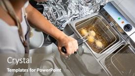  Presentation with frying - Presentation theme enhanced with female-chef-deep-frying-meat background and a gray colored foreground