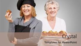  Presentation with muffins - Amazing PPT theme having female chef holding muffins in front senior woman against gray background backdrop and a coral colored foreground