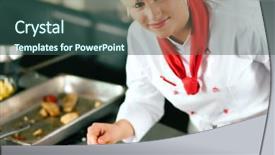 Presentation with hotel kitchen - Audience pleasing slide deck consisting of female chef in a restaurant backdrop and a  colored foreground