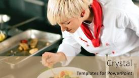  Presentation with hotel kitchen - Audience pleasing PPT theme consisting of female chef in a restaurant backdrop and a coral colored foreground