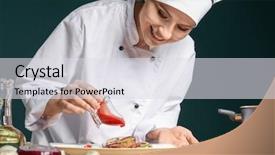  Presentation with sauce - Presentation theme featuring female chef in uniform adding background and a light gray colored foreground