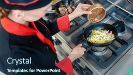  Presentation with cut - Audience pleasing slide deck consisting of female-chef-pouring-cut-onions backdrop and a navy blue colored foreground