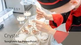  Presentation with chef - Presentation design featuring female-chef-preparing-chocolate-vanilla background and a soft green colored foreground