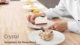  Presentation with dessert - Slide set having female chef preparing tasty dessert in kitchen closeup background and a lemonade colored foreground