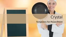  Presentation with frying - Cool new PPT theme with female chef with arms crossed holds frying pan against colorful background backdrop and a coral colored foreground