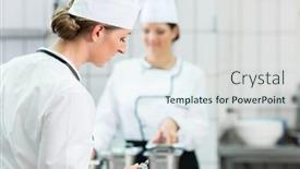  Presentation with canteen - Amazing slide set having female chefs at work in industrial kitchen of canteen backdrop and a sky blue colored foreground