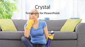  Presentation with spray - Cool new slide deck with female cleaner with yellow cleaning gloves holding a spray bottle and sitting in front of a gray sofa at home shot with tilt and shift lens backdrop and a cool aqua colored foreground