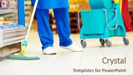  Presentation with floor care and cleaning services - Amazing slides having female cleaner worker in uniform backdrop and a  colored foreground