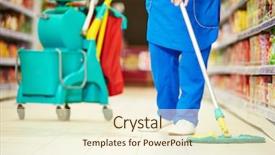  Presentation with worker - PPT layouts with female cleaner worker in uniform background and a cream colored foreground