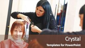  Presentation with hair salon - Slide set having female client at the beauty background and a tawny brown colored foreground