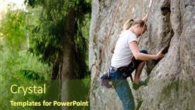  Presentation with rock climbing - Presentation theme having female climber climbing using a top rope on a steep rock face crag background and a tawny brown colored foreground