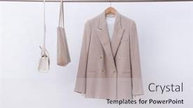  Presentation with formal jacket - Amazing PPT theme having female-closeup-business-brown-formal backdrop and a light gray colored foreground