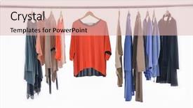  Presentation with clothing wooden clothes hanger object - Slides having female clothes of different coat background and a lemonade colored foreground