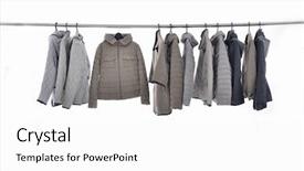  Presentation with clothing wooden clothes hanger object - PPT layouts featuring female clothes of different coat background and a white colored foreground