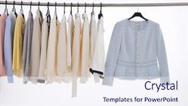  Presentation with clothing wooden clothes hanger object - Slides having female clothes of different coat background and a sky blue colored foreground