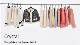  Presentation with clothing wooden clothes hanger object - Amazing presentation design having female clothes of different coat backdrop and a white colored foreground