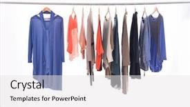  Presentation with clothing wooden clothes hanger object - Amazing PPT theme having female clothes of different coat backdrop and a white colored foreground
